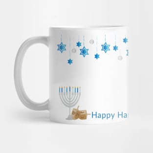 Happy Hanukkah Greeting with Decorations, Menorah and dreidels Mug